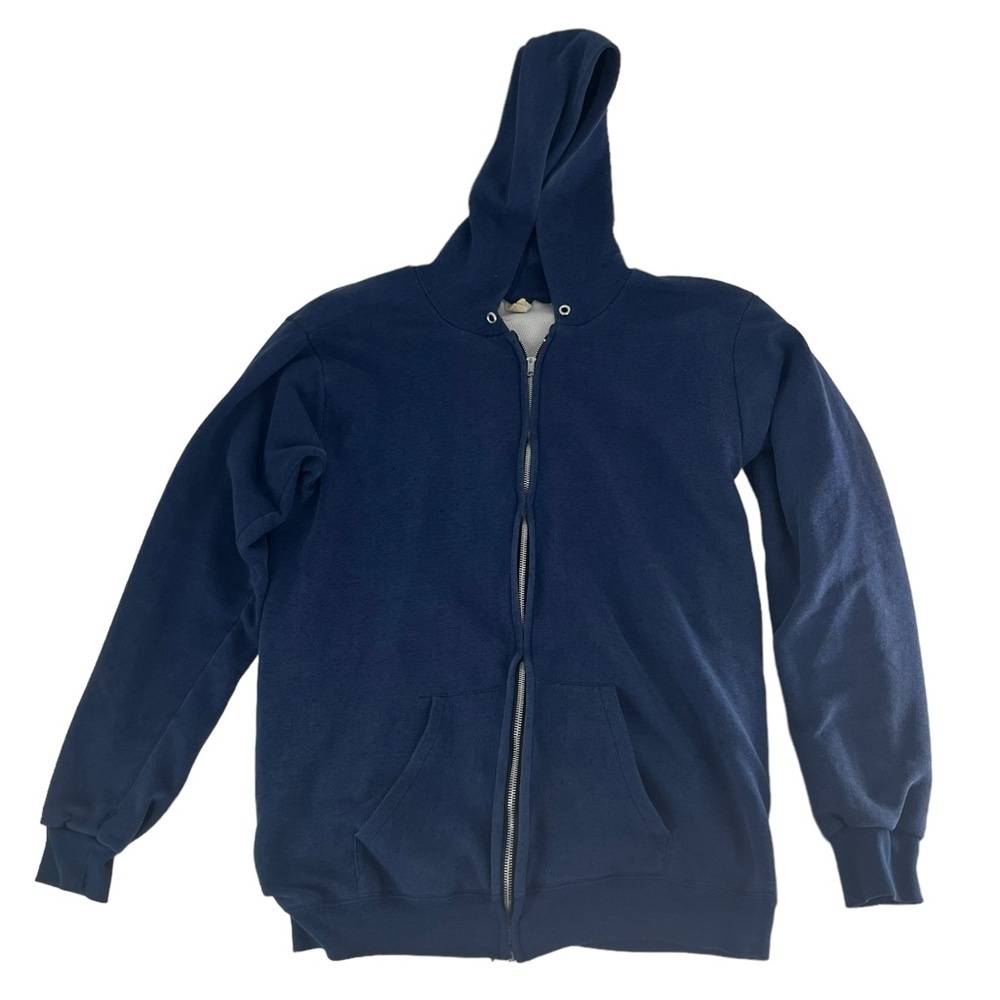 Vintage 60s 70s Hoodie Mens Large Navy Blue Waffle Knit Double Face Robin Zipper